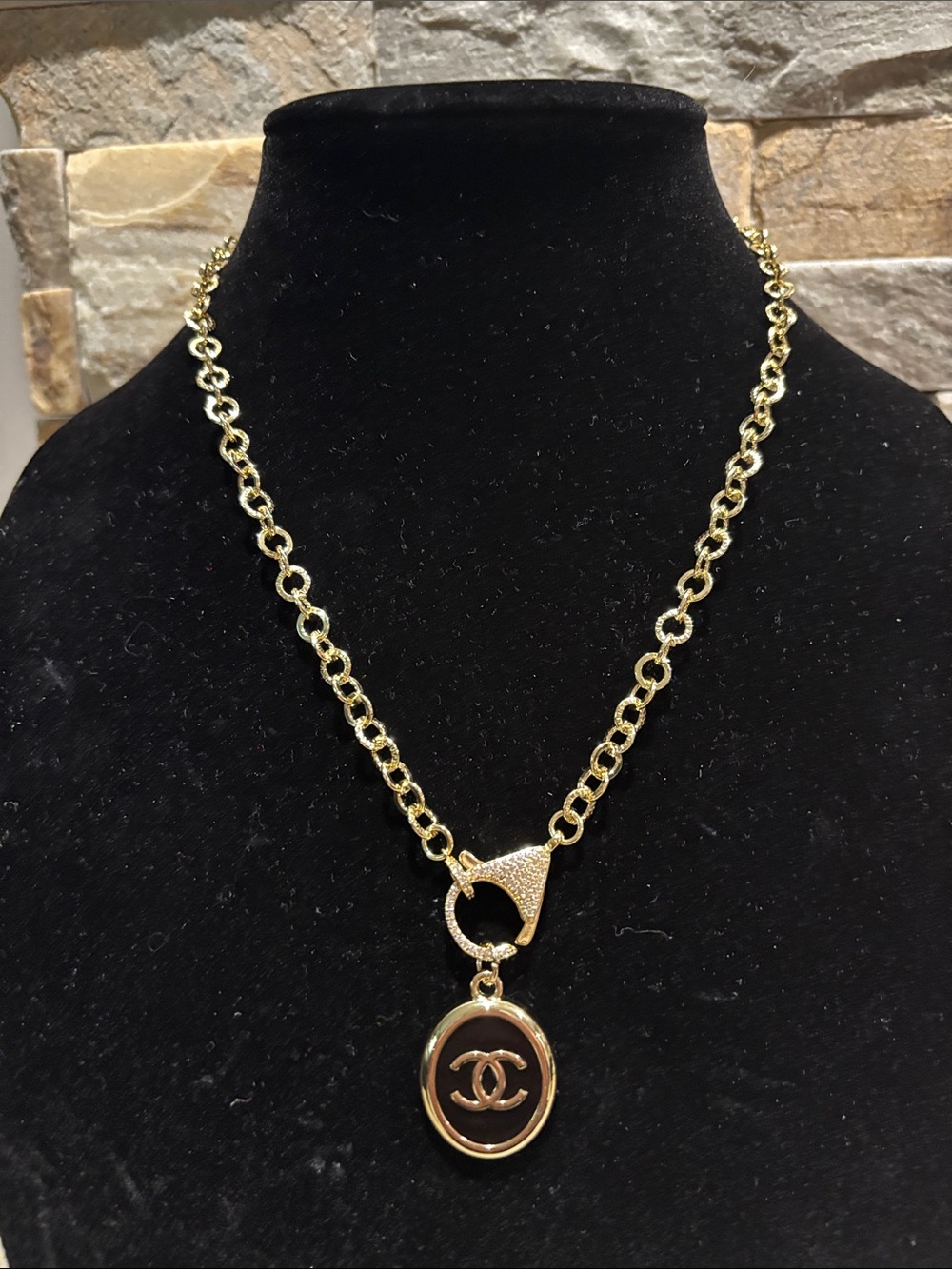 Gold-Tone Chain Necklace with Black & gold Enamel CC Pendant
